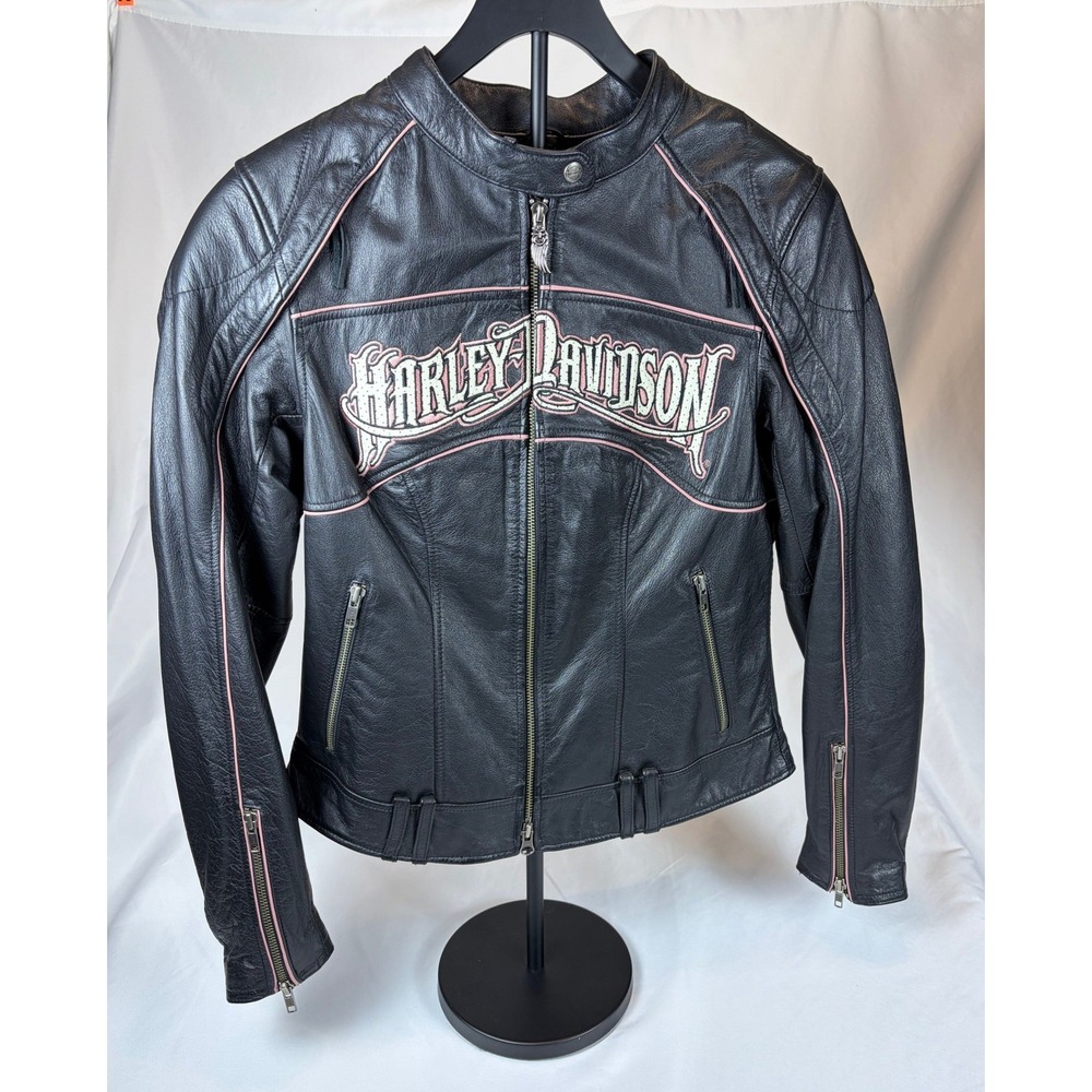 Harley-Davidson Womens Black Leather Motorcycle Jacket Pink Piping Embroidery S